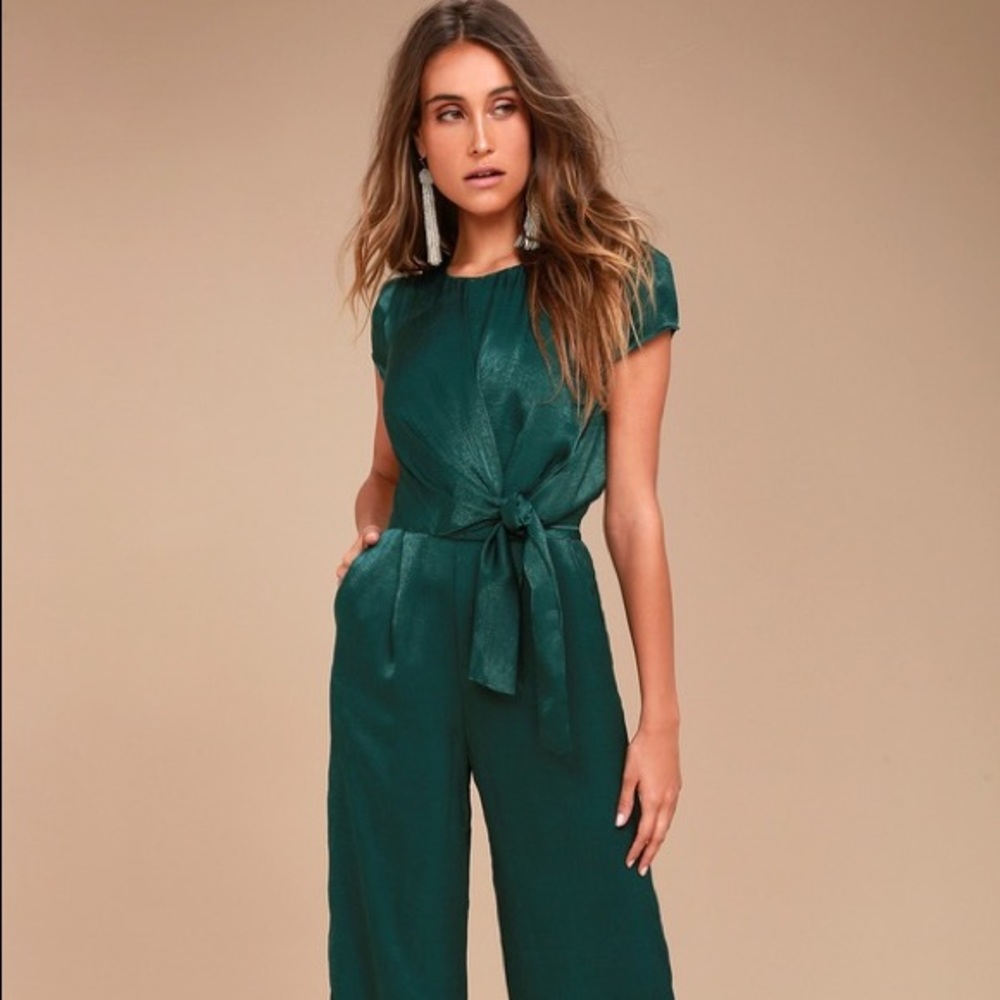 Lulu’s forrest green satin jumpsuit